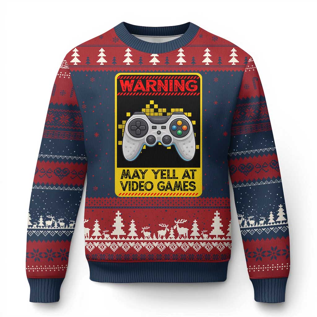 Funny Video Gamer Ugly Christmas Sweater Warning May Yell At Video Games TS14 Navy Red Print Your Wear