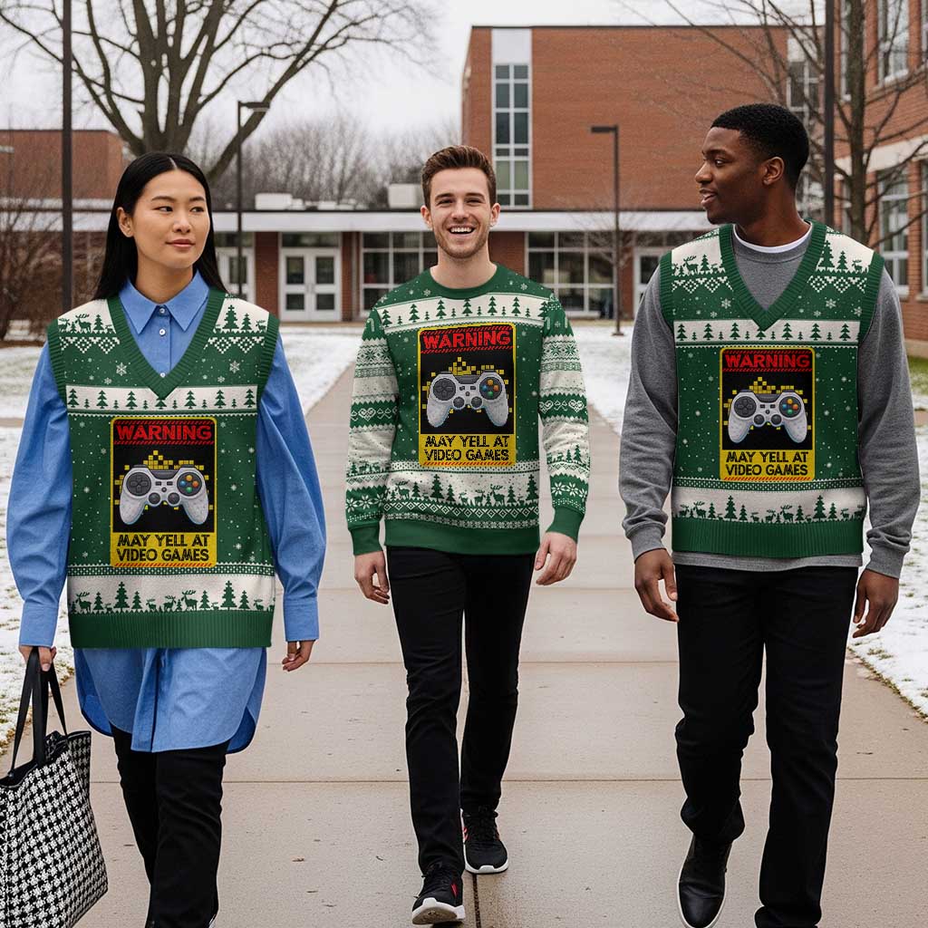 Funny Video Gamer V-Neck Knit Sweater Vest Warning May Yell At Video Games TS14 Forest Green Beige Print Your Wear