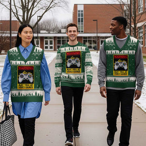 Funny Video Gamer V-Neck Knit Sweater Vest Warning May Yell At Video Games TS14 Forest Green Beige Print Your Wear