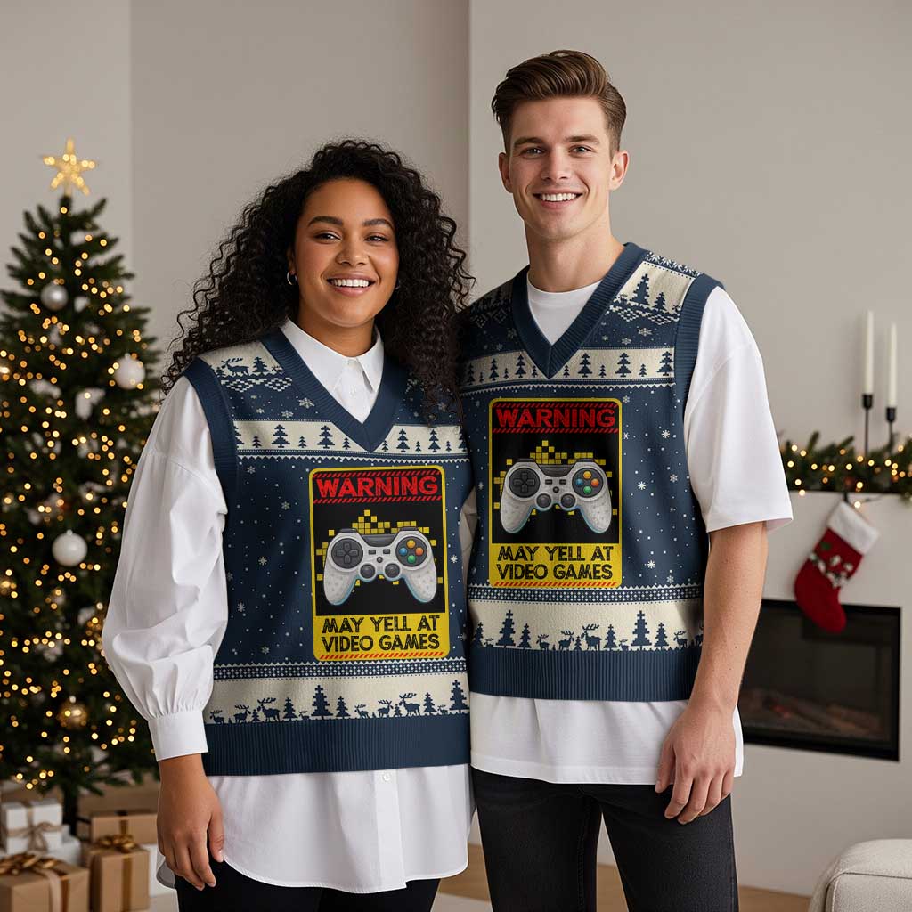 Funny Video Gamer V-Neck Knit Sweater Vest Warning May Yell At Video Games TS14 Navy Beige Print Your Wear