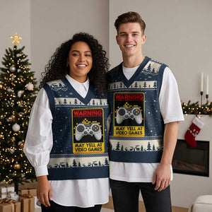 Funny Video Gamer V-Neck Knit Sweater Vest Warning May Yell At Video Games TS14 Navy Beige Print Your Wear