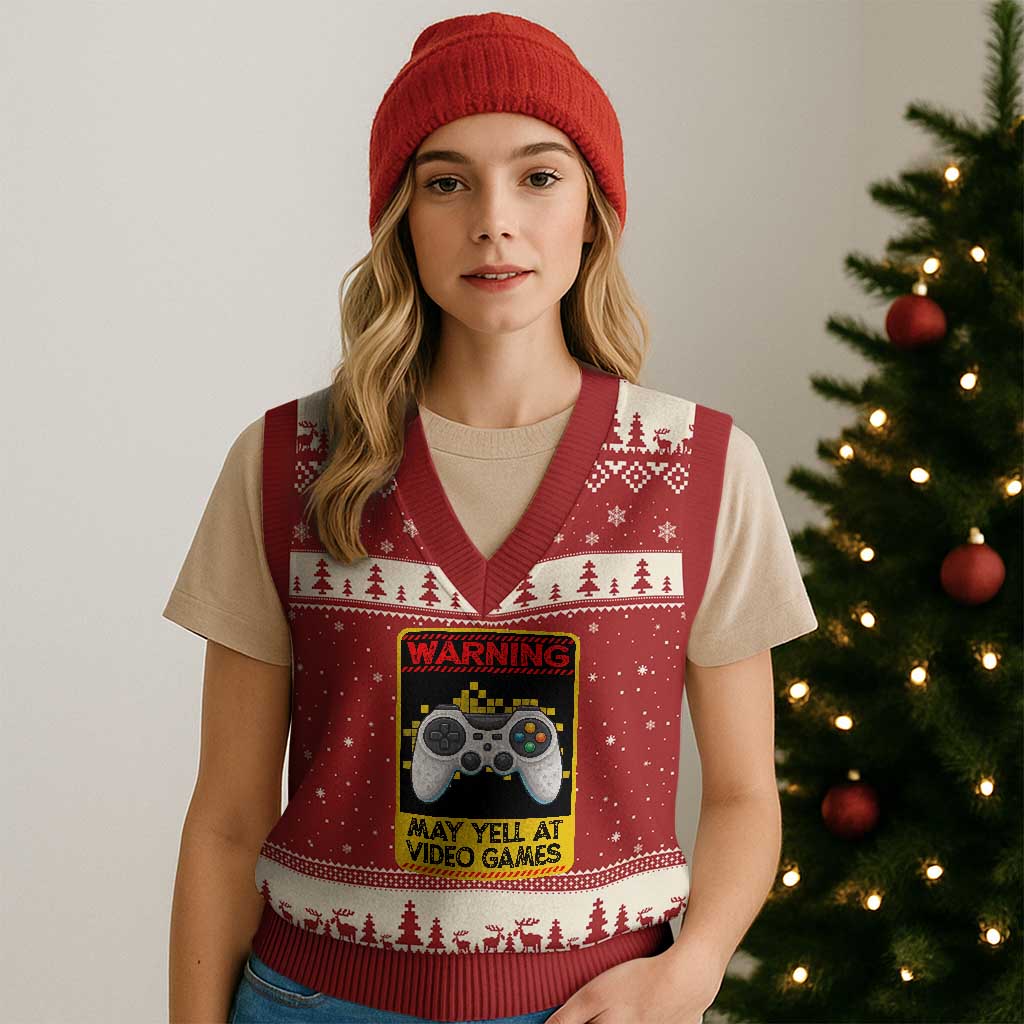 Funny Video Gamer V-Neck Knit Sweater Vest Warning May Yell At Video Games TS14 Red Beige Print Your Wear
