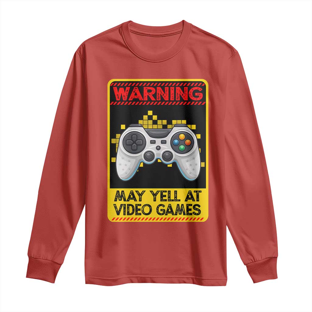 Funny Video Gamer Long Sleeve Shirt Warning May Yell At Video Games TS14 Red Print Your Wear