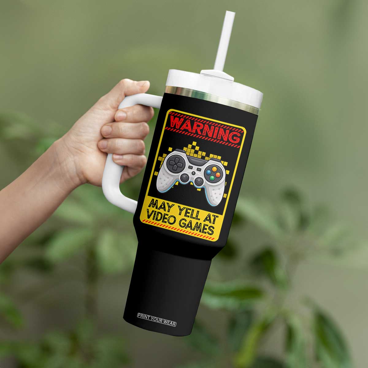 Funny Video Gamer Tumbler With Handle Warning May Yell At Video Games TS14 Print Your Wear
