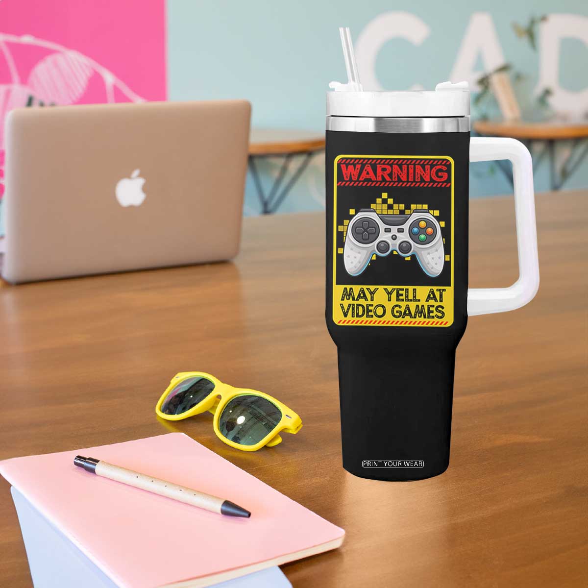 Funny Video Gamer Tumbler With Handle Warning May Yell At Video Games TS14 Print Your Wear