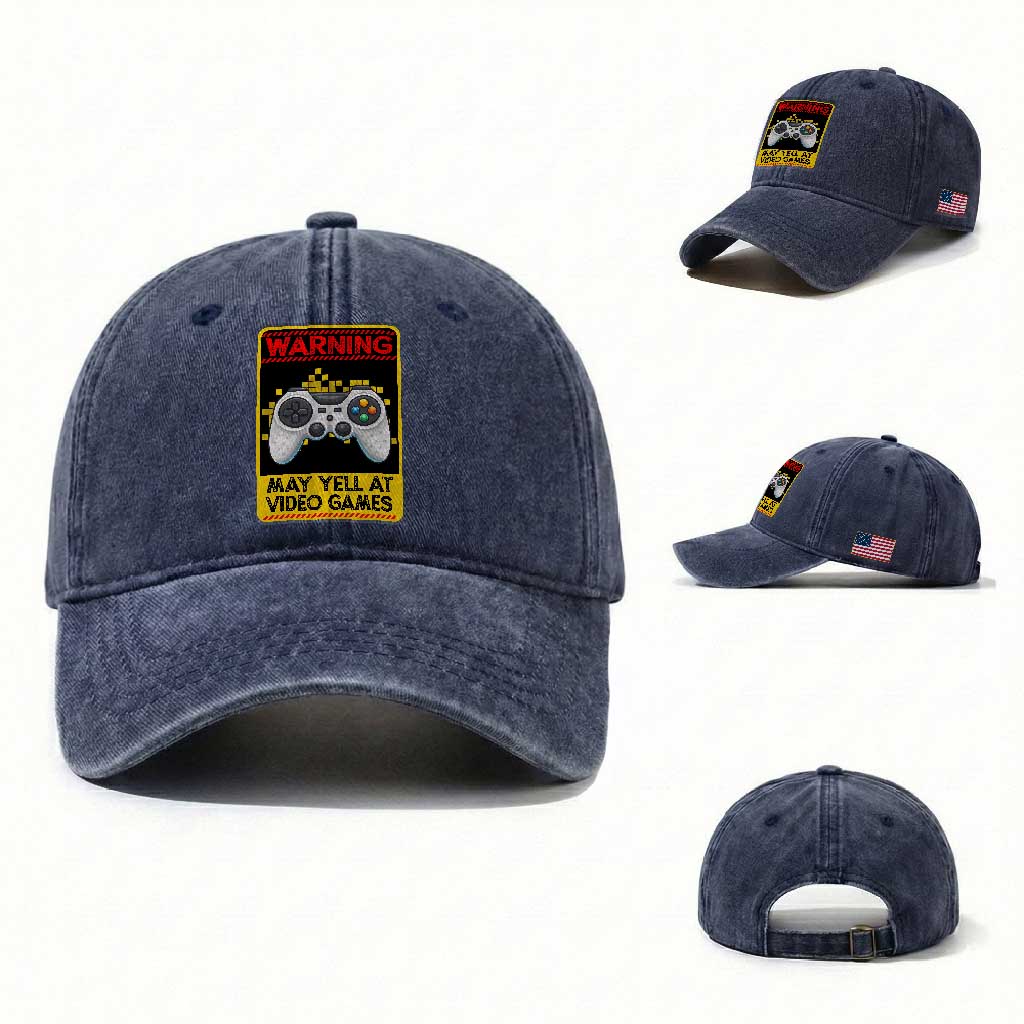 Funny Video Gamer Washed Cotton Baseball Cap Warning May Yell At Video Games TS14 Washed Cap Universal Fit Navy Print Your Wear