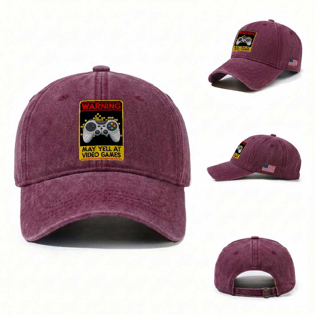 Funny Video Gamer Washed Cotton Baseball Cap Warning May Yell At Video Games TS14 Washed Cap Universal Fit Burgundy Print Your Wear