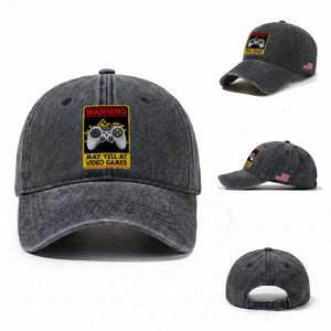 Funny Video Gamer Washed Cotton Baseball Cap Warning May Yell At Video Games TS14 Washed Cap Universal Fit Dark Gray Print Your Wear