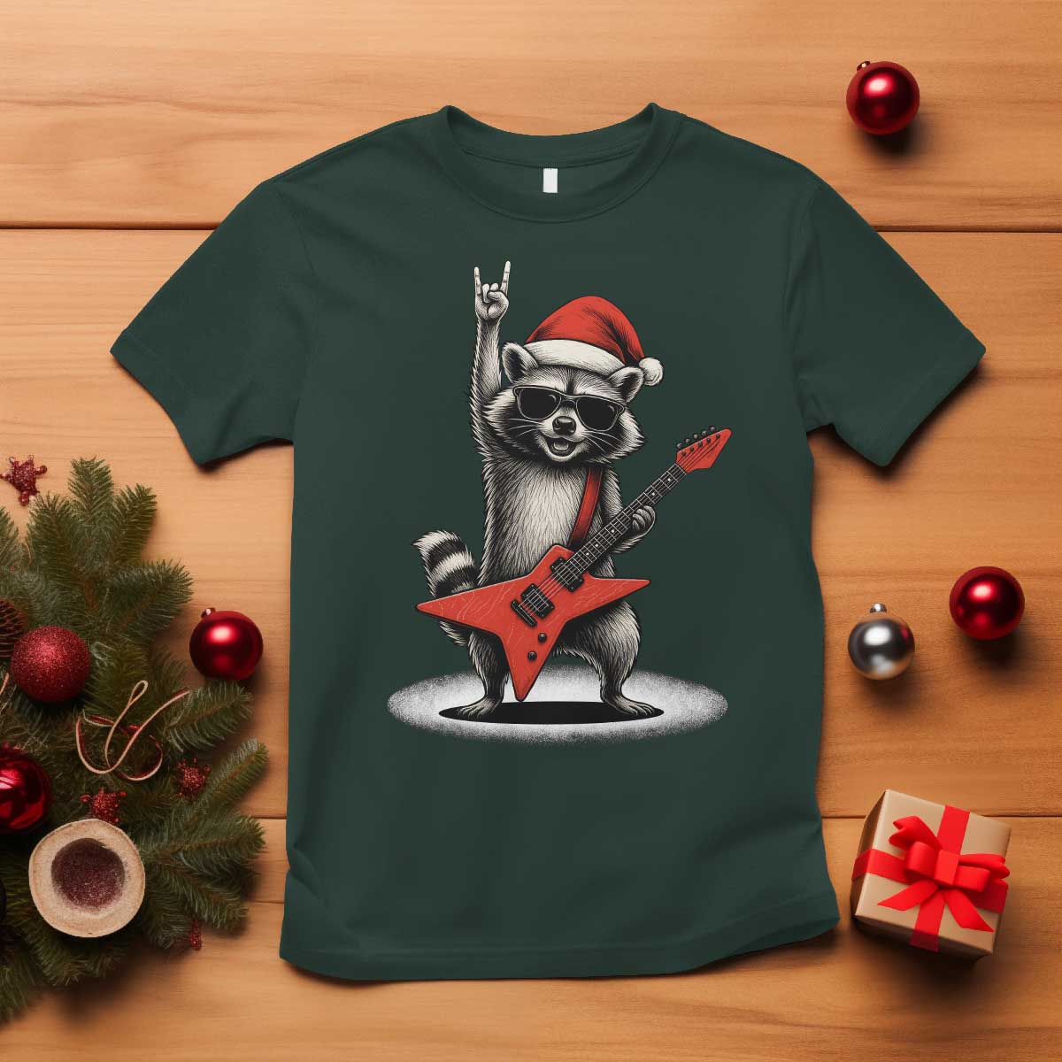 Funny Raccoon Rock Music Christmas T Shirt TS14 Dark Forest Green Print Your Wear