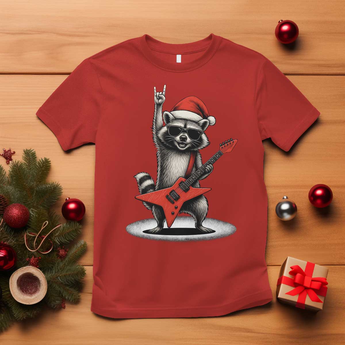 Funny Raccoon Rock Music Christmas T Shirt TS14 Red Print Your Wear