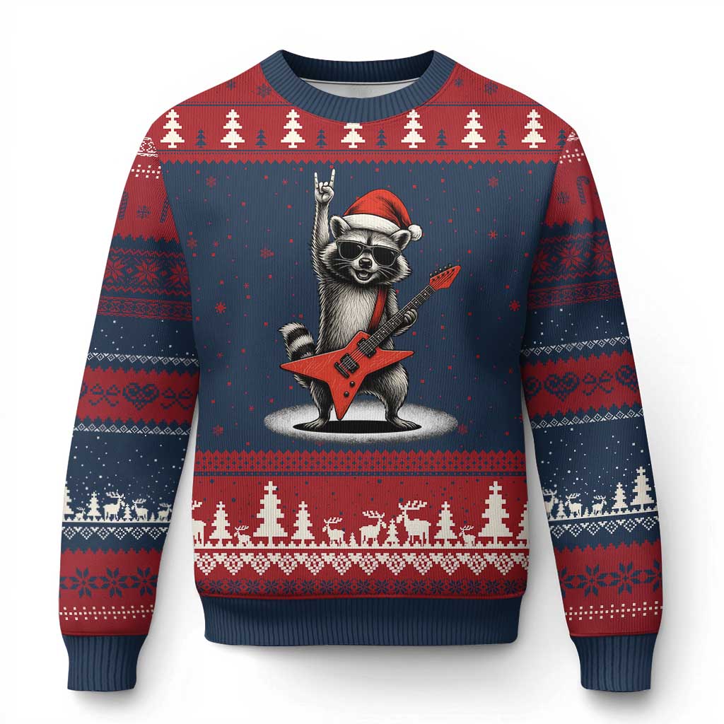 Funny Raccoon Rock Music Xmas Ugly Christmas Sweater TS14 Navy Red Print Your Wear