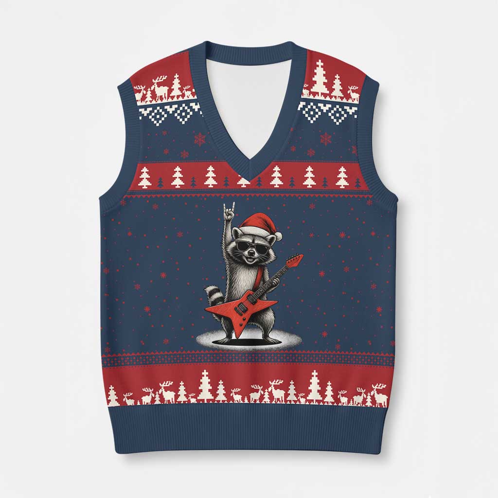 Funny Raccoon Rock Music Xmas V-Neck Knit Sweater Vest TS14 Navy Red Print Your Wear