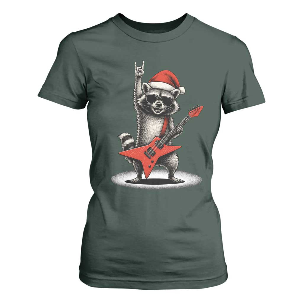 Funny Raccoon Rock Music Christmas T Shirt For Women TS14 Dark Forest Green Print Your Wear