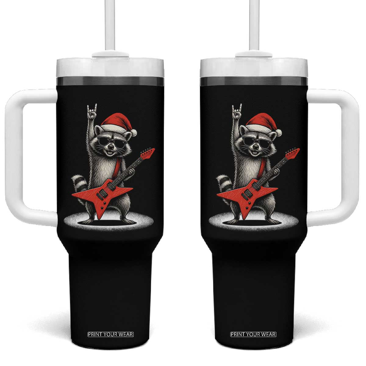 Funny Raccoon Rock Music Christmas Tumbler With Handle TS14 One Size: 40 oz Black Print Your Wear