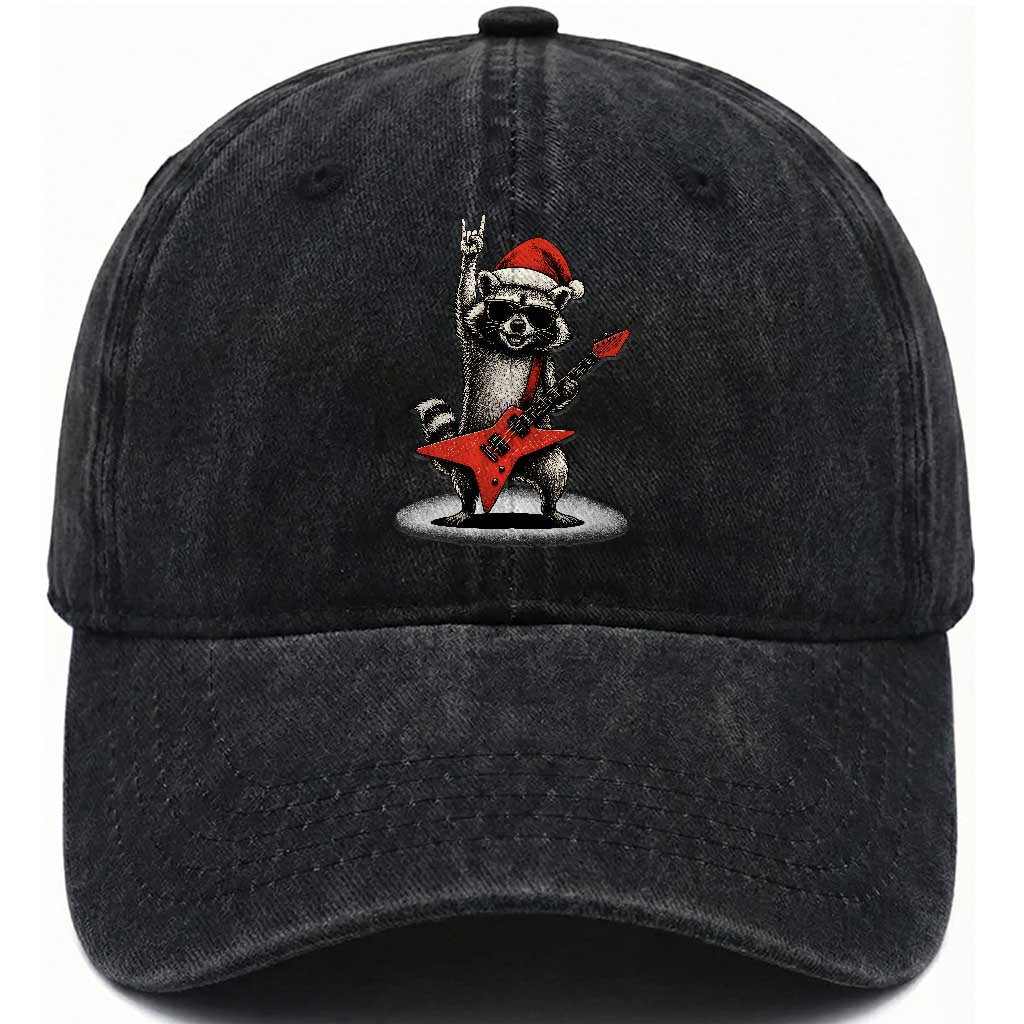 Funny Raccoon Rock Music Christmas Washed Cotton Baseball Cap TS14 Washed Cap Universal Fit Black Print Your Wear