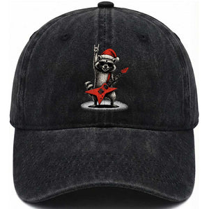 Funny Raccoon Rock Music Christmas Washed Cotton Baseball Cap TS14 Washed Cap Universal Fit Black Print Your Wear