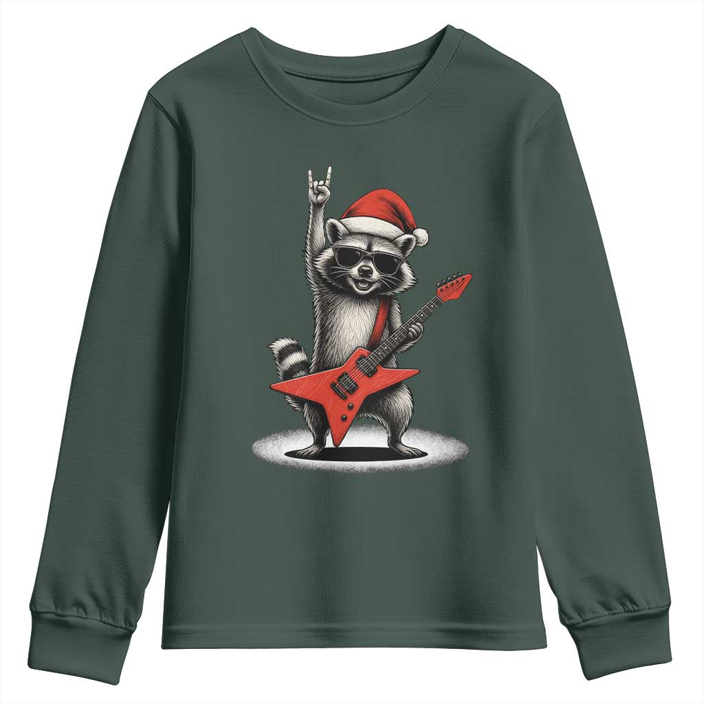 Funny Raccoon Rock Music Christmas Youth Sweatshirt TS14 Dark Forest Green Print Your Wear