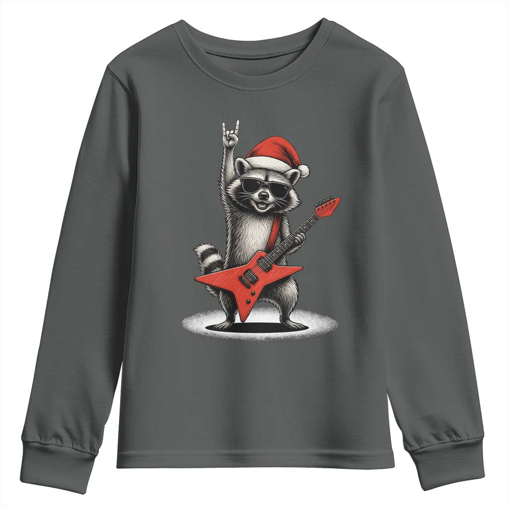 Funny Raccoon Rock Music Christmas Youth Sweatshirt TS14 Dark Heather Print Your Wear