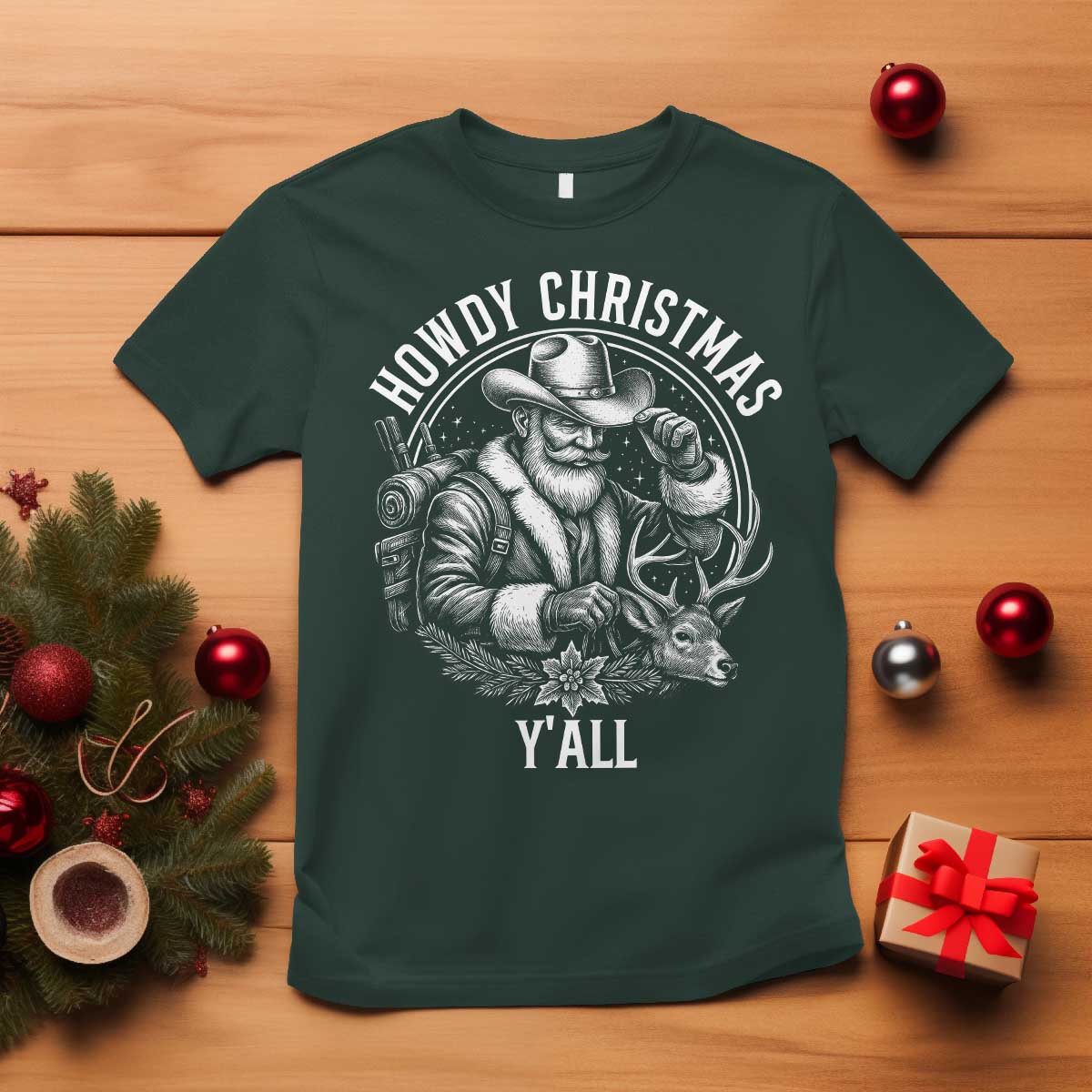Cowboy Santa Claus T Shirt Howdy Christmas Y'all Western Country TS14 Dark Forest Green Print Your Wear