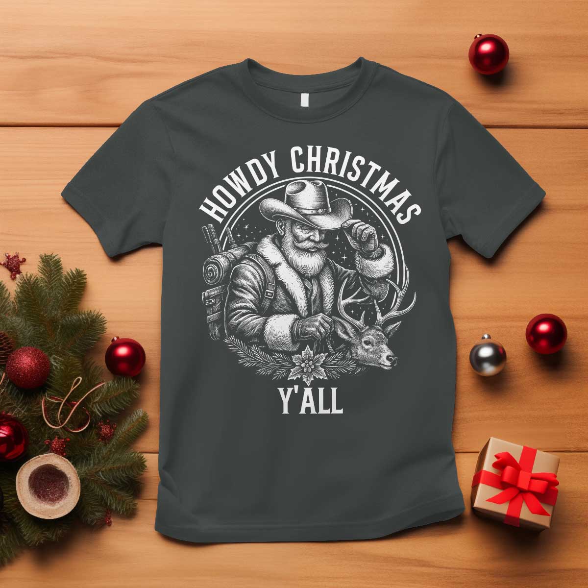 Cowboy Santa Claus T Shirt Howdy Christmas Y'all Western Country TS14 Dark Heather Print Your Wear