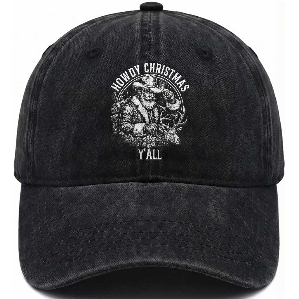 Cowboy Santa Claus Washed Cotton Baseball Cap Howdy Christmas Y'all Western Country TS14 Washed Cap Universal Fit Black Print Your Wear