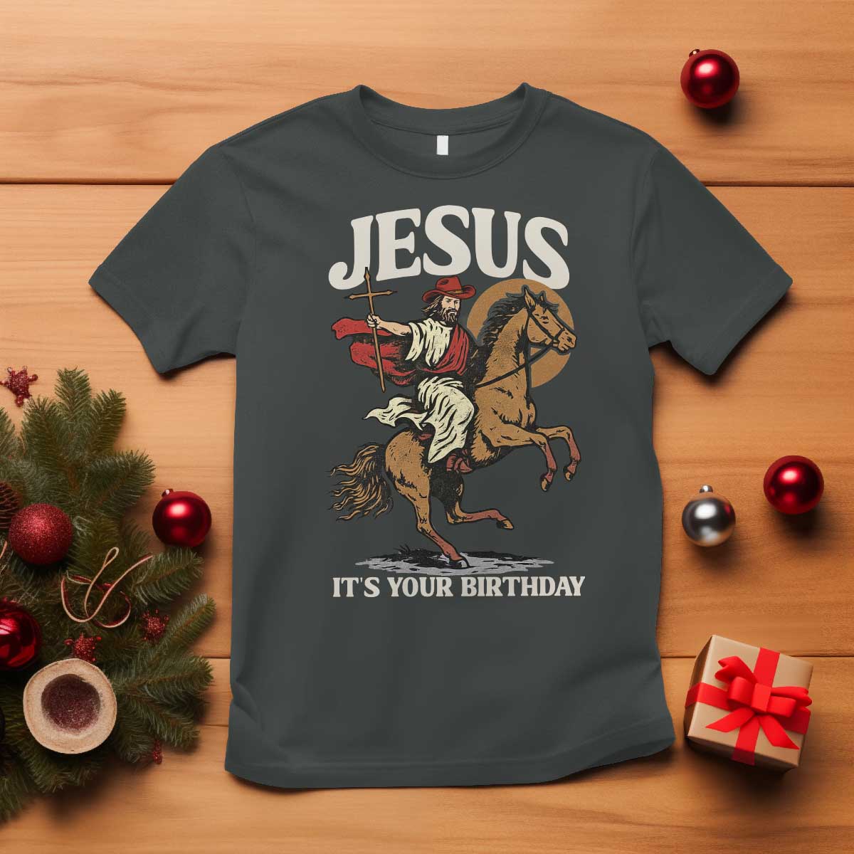 Funny Cowboy Jesus Christmas T Shirt It Is Your Birthday TS14 Dark Heather Print Your Wear