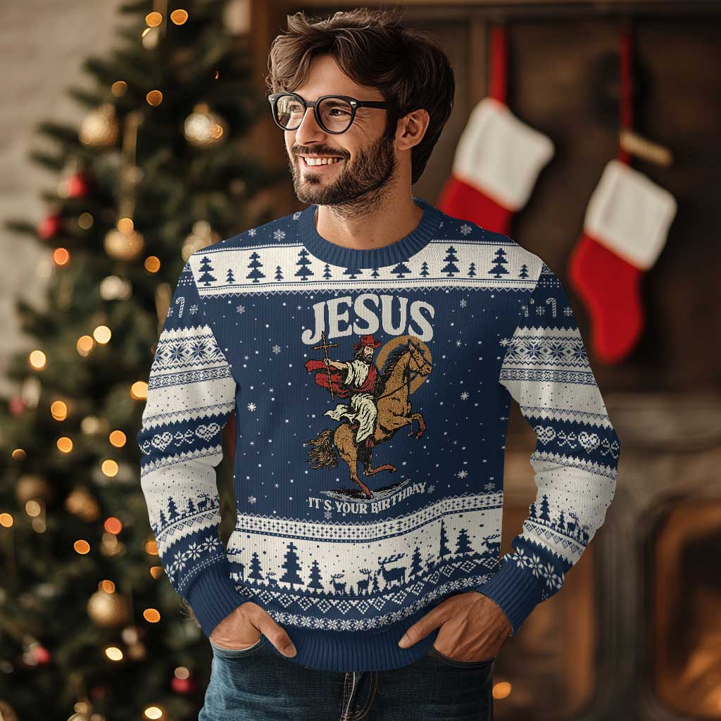 Funny Cowboy Jesus Xmas Ugly Christmas Sweater It Is Your Birthday TS14 Navy Beige Print Your Wear