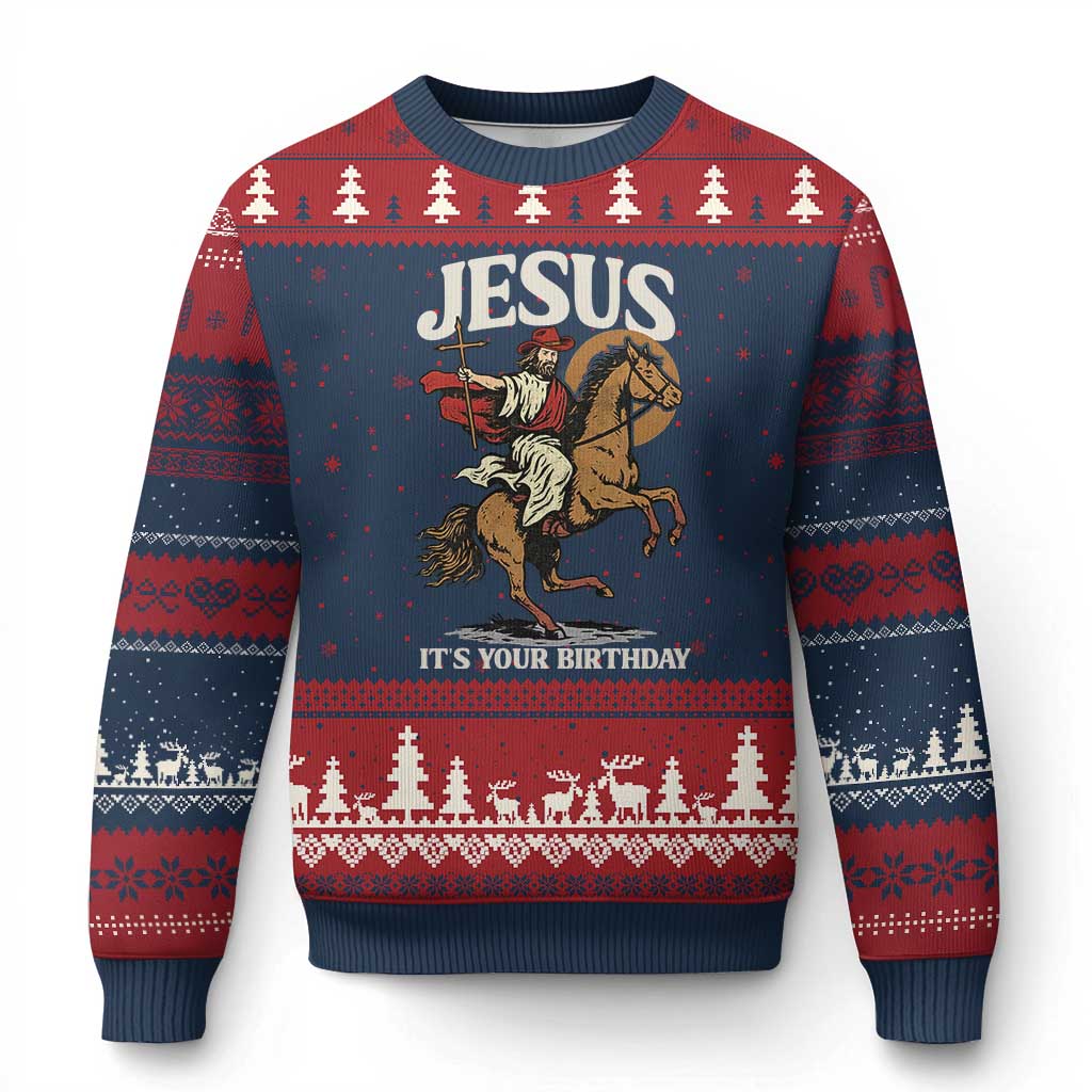 Funny Cowboy Jesus Xmas Ugly Christmas Sweater It Is Your Birthday TS14 Navy Red Print Your Wear