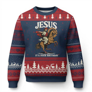 Funny Cowboy Jesus Xmas Ugly Christmas Sweater It Is Your Birthday TS14 Navy Red Print Your Wear