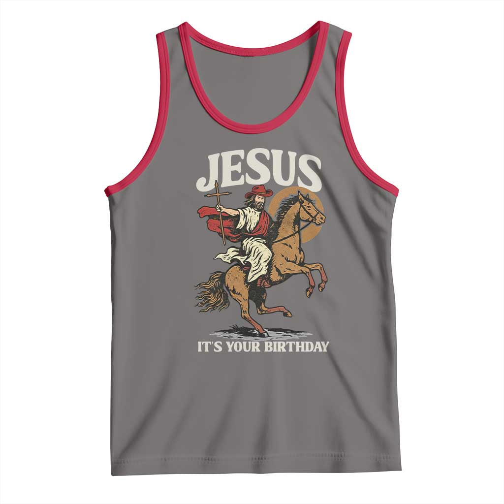 Funny Cowboy Jesus Christmas Tank Top It Is Your Birthday TS14 Deep Heather Red Print Your Wear