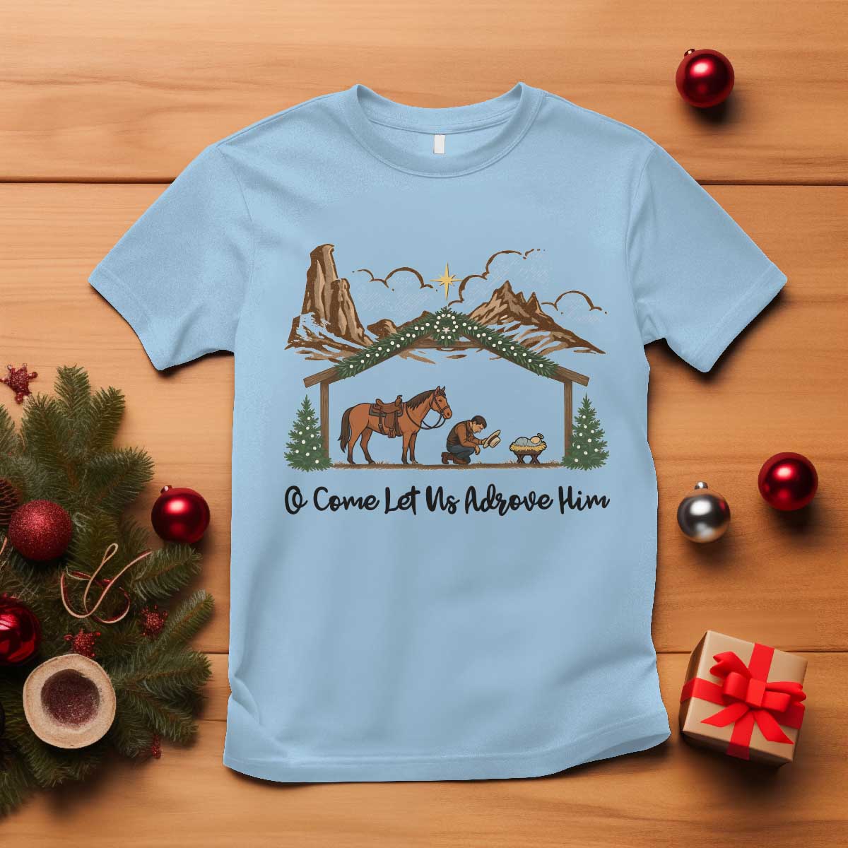 Nativity Scene Christmas T Shirt Cowboy Bible Scripture Verse Western TS14 Light Blue Print Your Wear