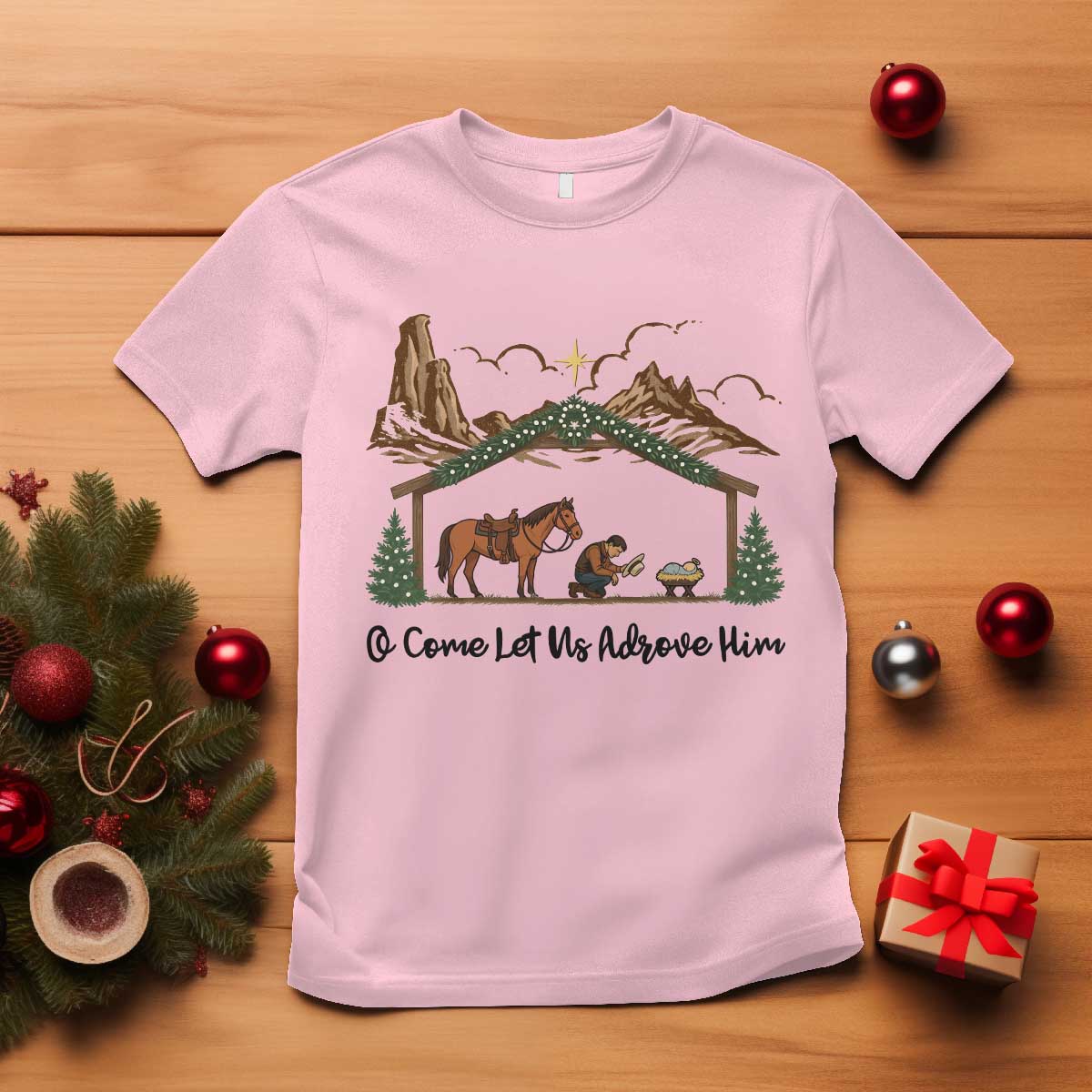 Nativity Scene Christmas T Shirt Cowboy Bible Scripture Verse Western TS14 Light Pink Print Your Wear