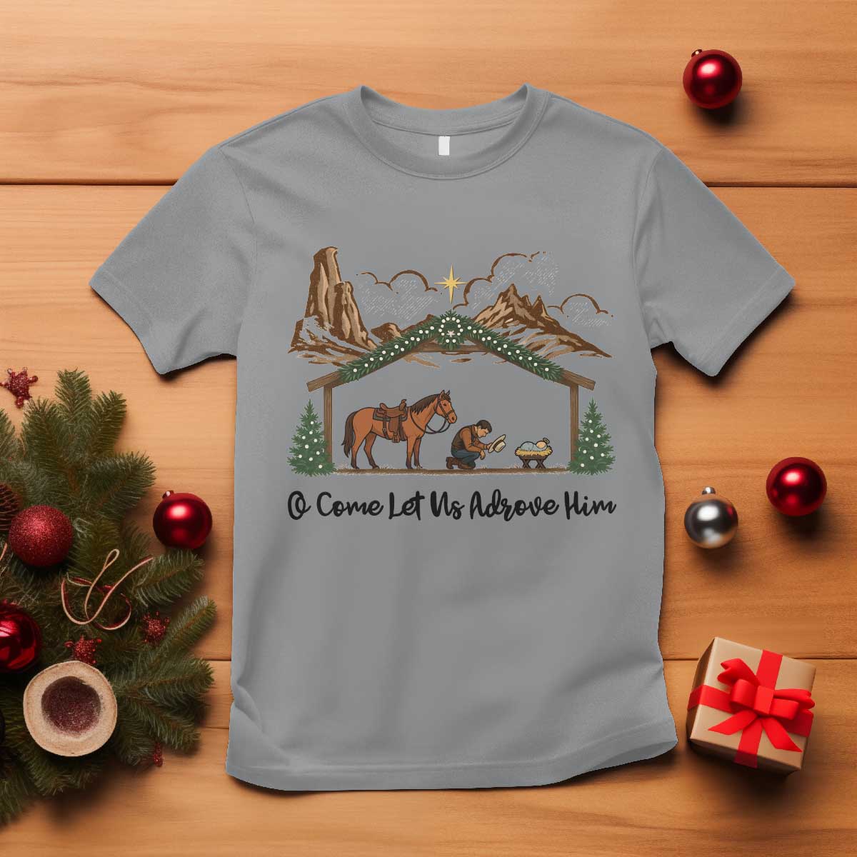 Nativity Scene Christmas T Shirt Cowboy Bible Scripture Verse Western TS14 Sport Gray Print Your Wear