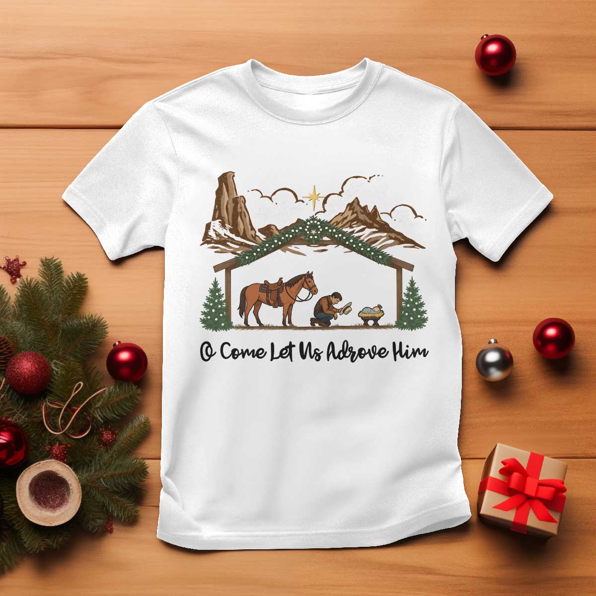 Nativity Scene Christmas T Shirt Cowboy Bible Scripture Verse Western TS14 White Print Your Wear