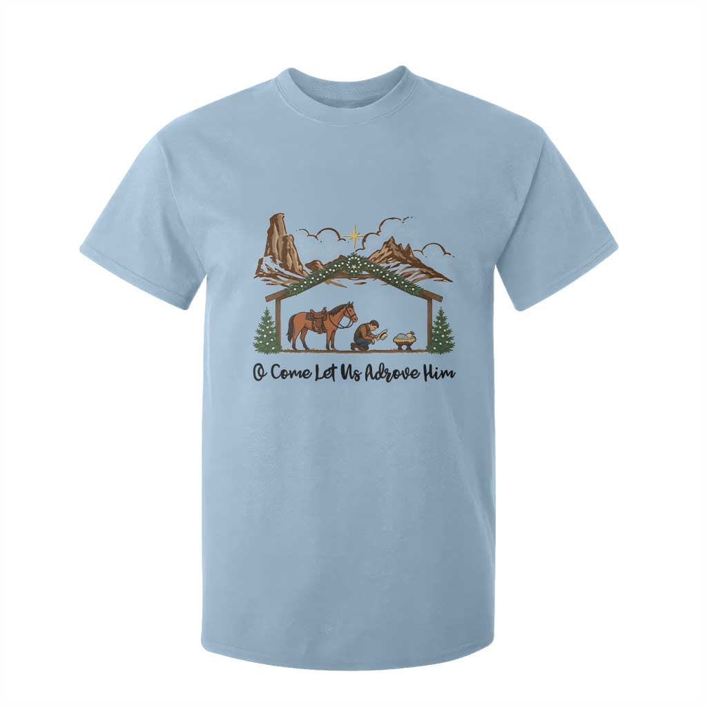 Nativity Scene Christmas T Shirt For Kid Cowboy Bible Scripture Verse Western TS14 Light Blue Print Your Wear