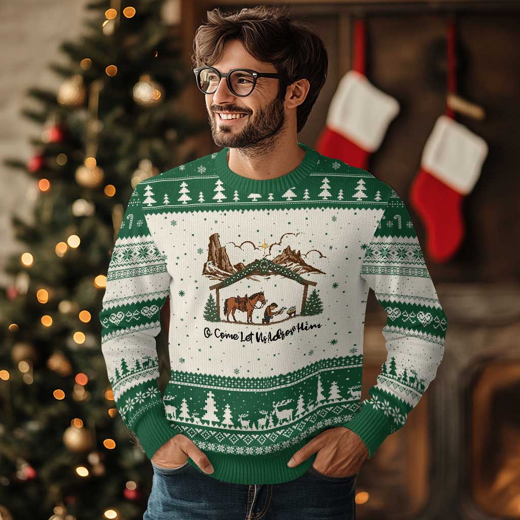 Nativity Scene Xmas Ugly Christmas Sweater Cowboy Bible Scripture Verse Western TS14 Beige Green Print Your Wear