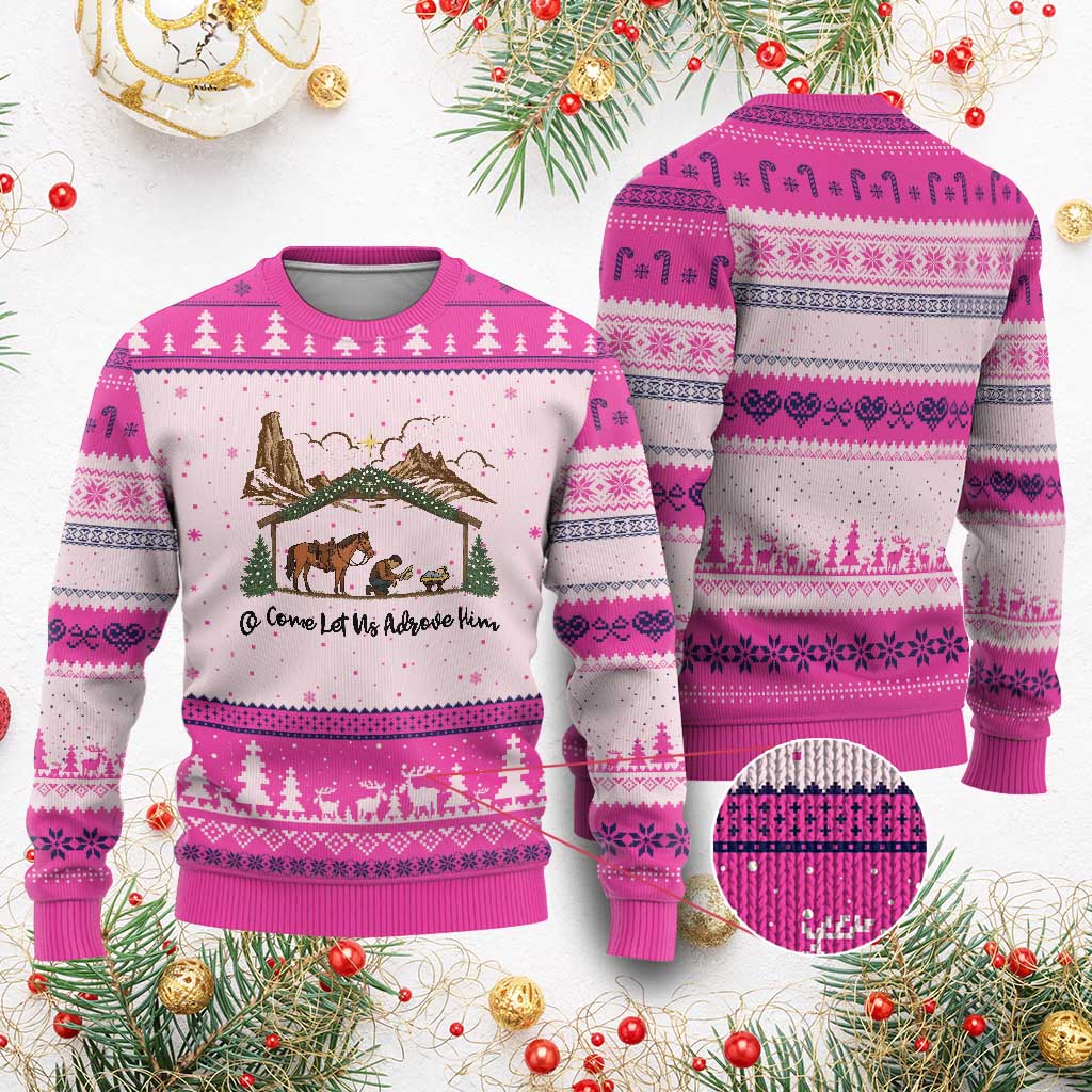 Nativity Scene Xmas Ugly Christmas Sweater Cowboy Bible Scripture Verse Western TS14 Hot Pink Print Your Wear