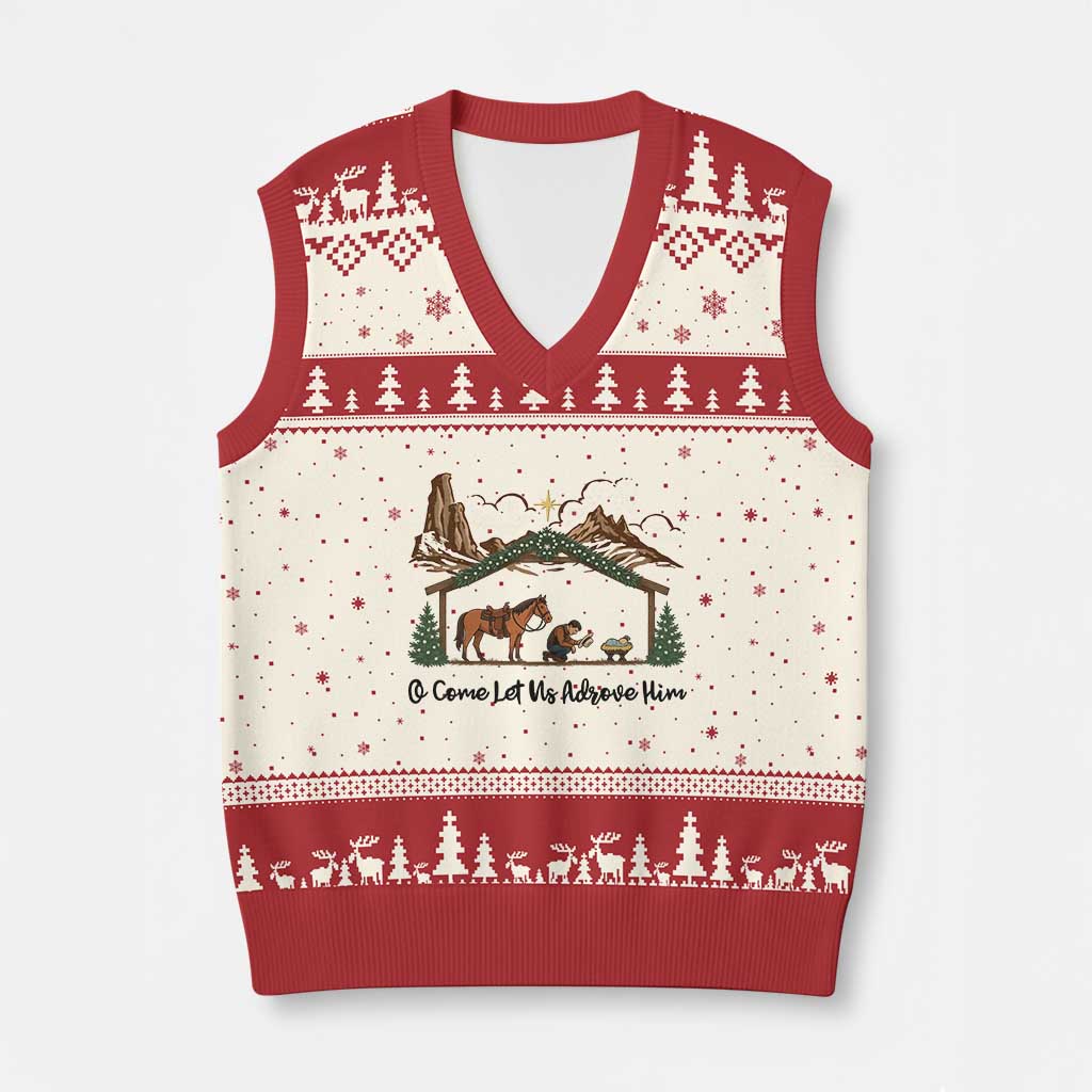 Nativity Scene Xmas V-Neck Knit Sweater Vest Cowboy Bible Scripture Verse Western TS14 Beige Red Print Your Wear