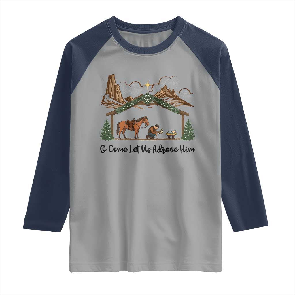 Nativity Scene Christmas Raglan Shirt Cowboy Bible Scripture Verse Western TS14 Sport Gray Navy Print Your Wear