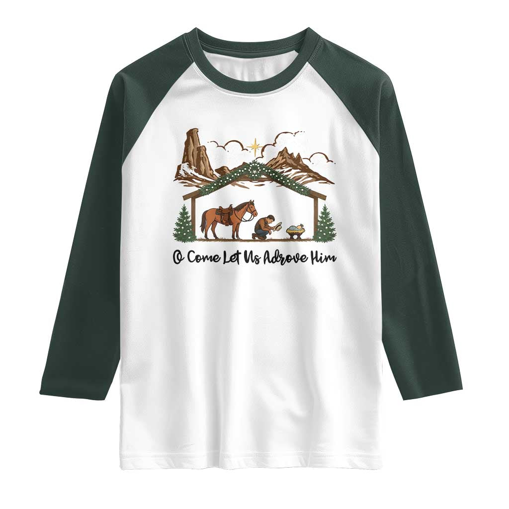 Nativity Scene Christmas Raglan Shirt Cowboy Bible Scripture Verse Western TS14 White Dark Forest Green Print Your Wear