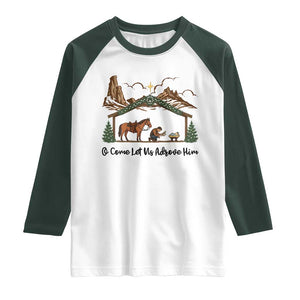 Nativity Scene Christmas Raglan Shirt Cowboy Bible Scripture Verse Western TS14 White Dark Forest Green Print Your Wear