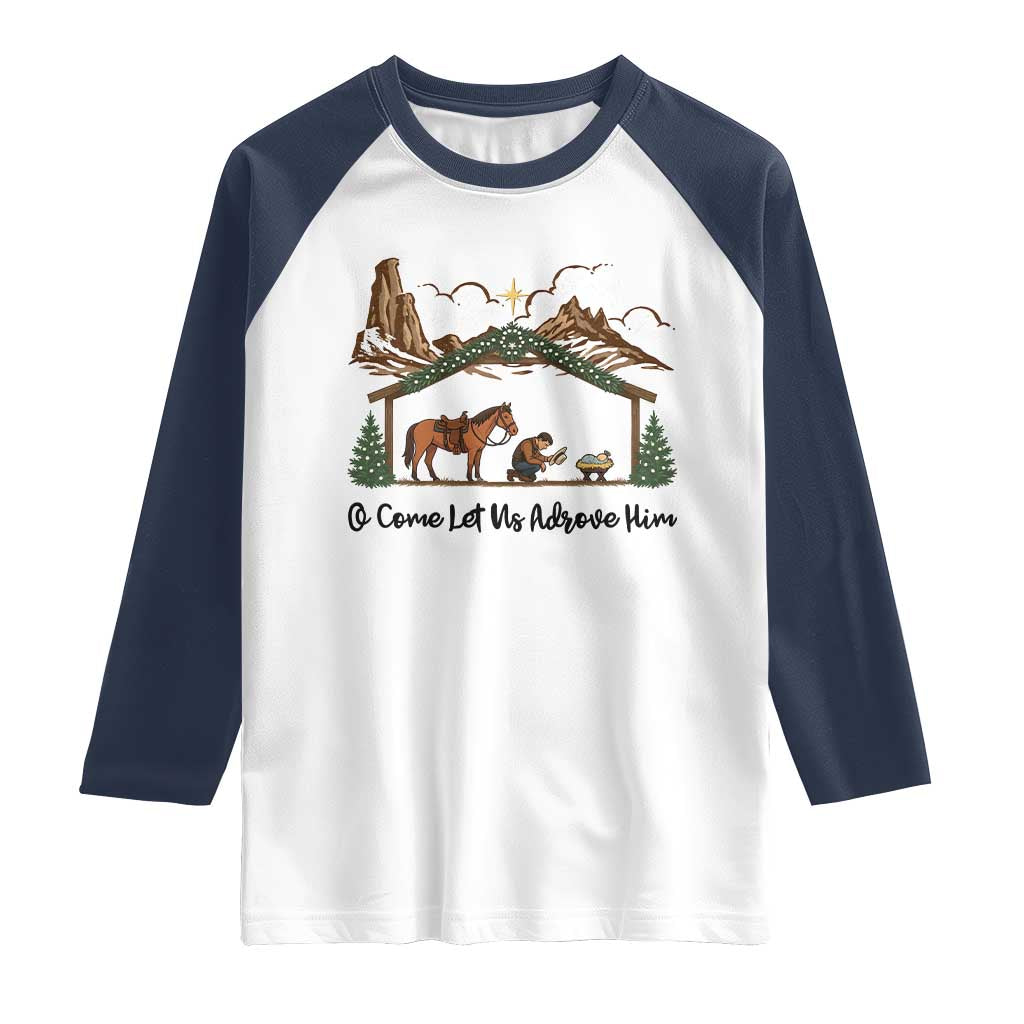 Nativity Scene Christmas Raglan Shirt Cowboy Bible Scripture Verse Western TS14 White Navy Print Your Wear