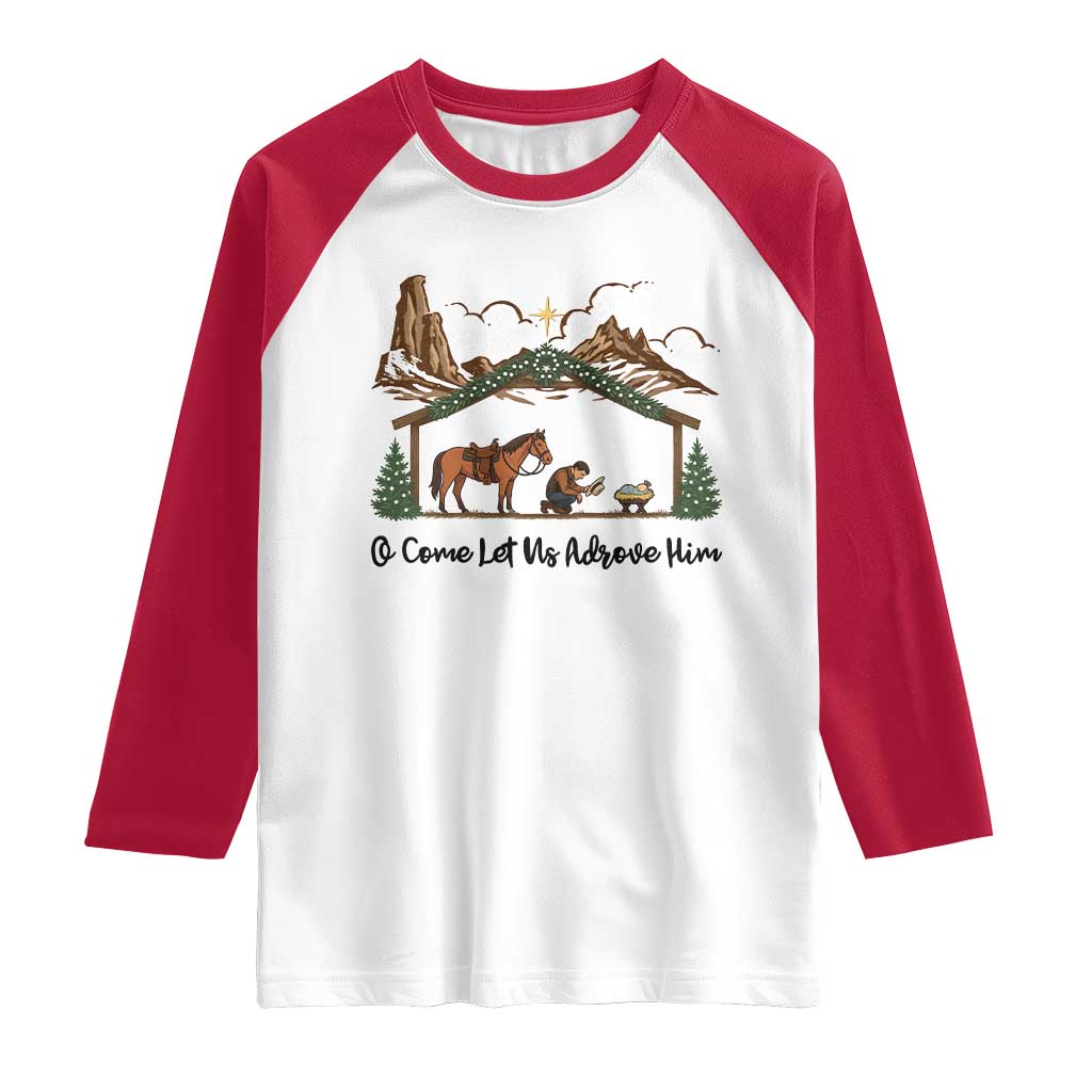 Nativity Scene Christmas Raglan Shirt Cowboy Bible Scripture Verse Western TS14 White Red Print Your Wear