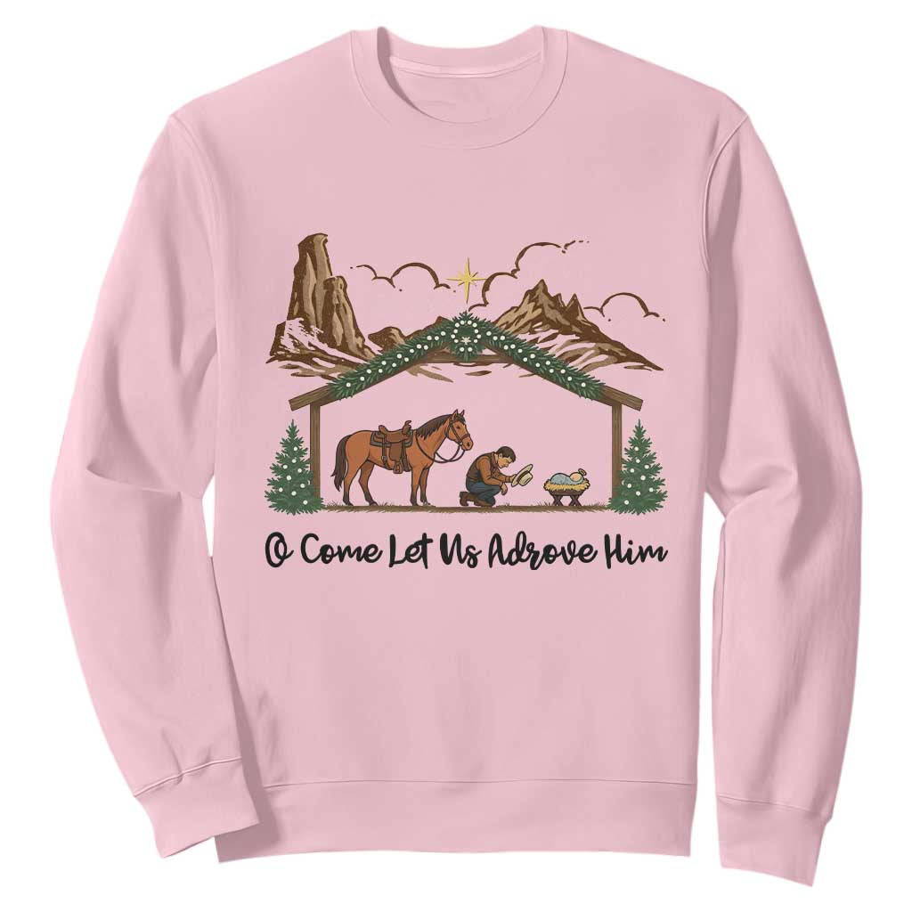 Nativity Scene Christmas Sweatshirt Cowboy Bible Scripture Verse Western TS14 Light Pink Print Your Wear