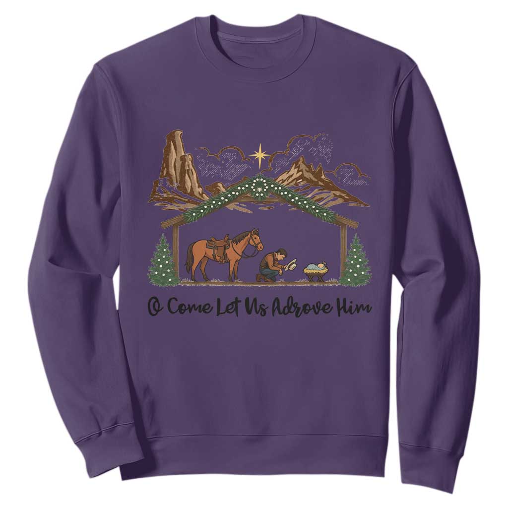 Nativity Scene Christmas Sweatshirt Cowboy Bible Scripture Verse Western TS14 Purple Print Your Wear