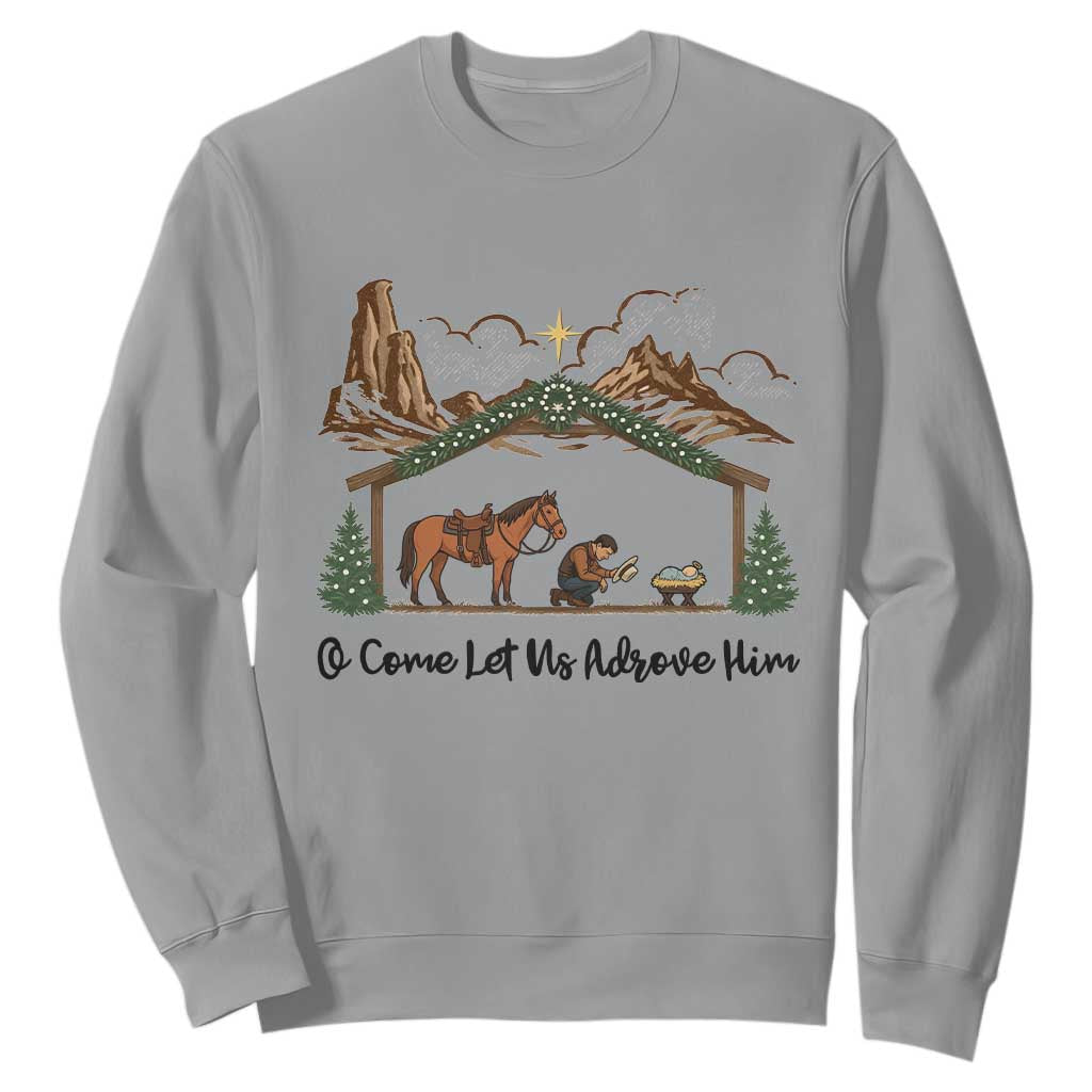 Nativity Scene Christmas Sweatshirt Cowboy Bible Scripture Verse Western TS14 Sport Gray Print Your Wear
