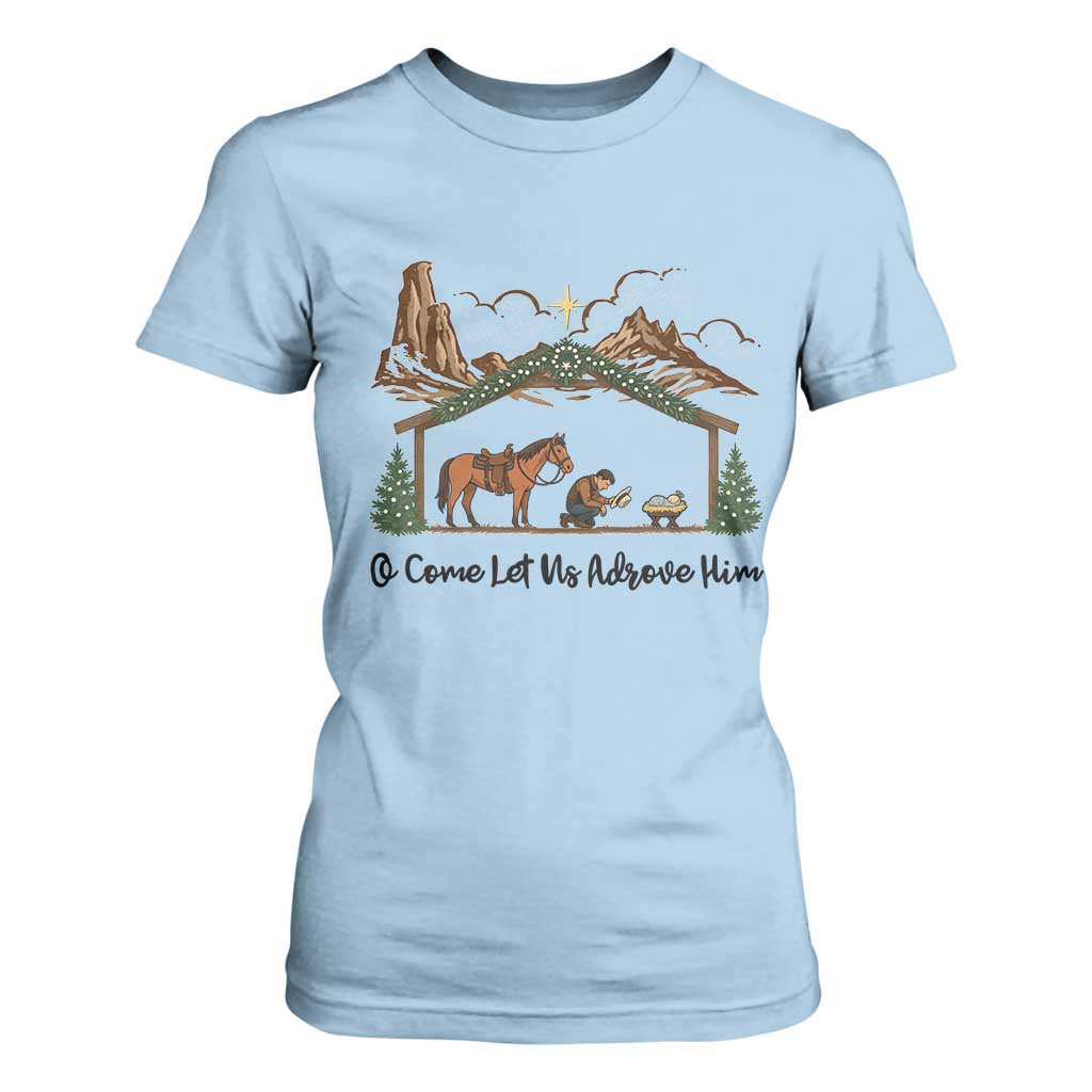 Nativity Scene Christmas T Shirt For Women Cowboy Bible Scripture Verse Western TS14 Light Blue Print Your Wear