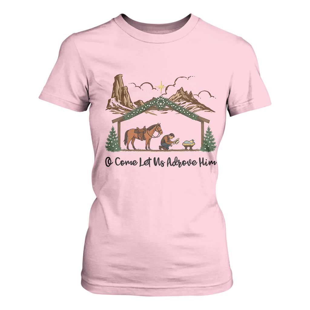 Nativity Scene Christmas T Shirt For Women Cowboy Bible Scripture Verse Western TS14 Light Pink Print Your Wear