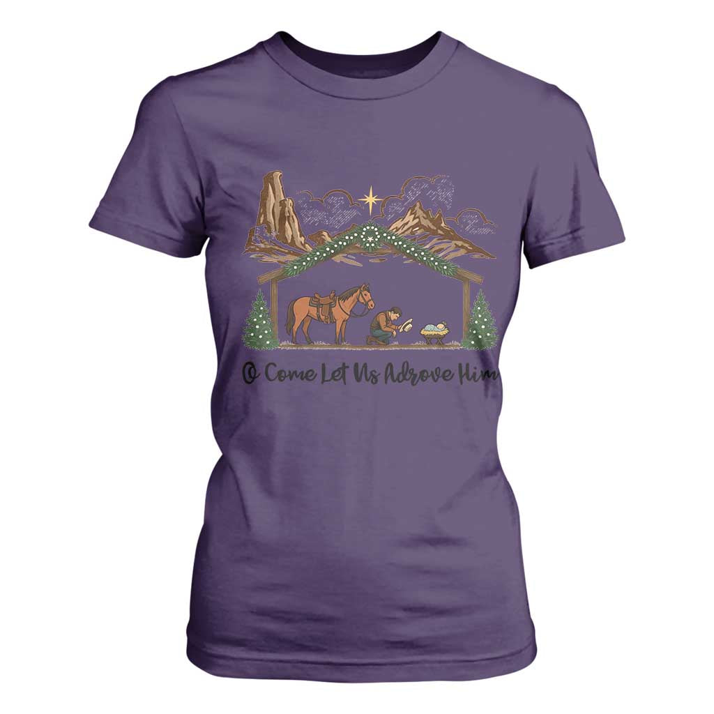 Nativity Scene Christmas T Shirt For Women Cowboy Bible Scripture Verse Western TS14 Purple Print Your Wear