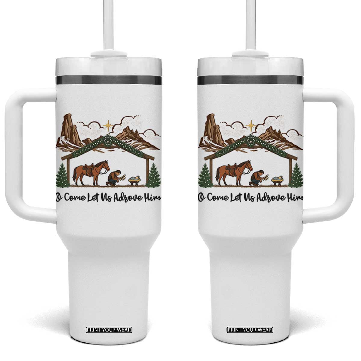 Nativity Scene Christmas Tumbler With Handle Cowboy Bible Scripture Verse Western TS14 One Size: 40 oz White Print Your Wear